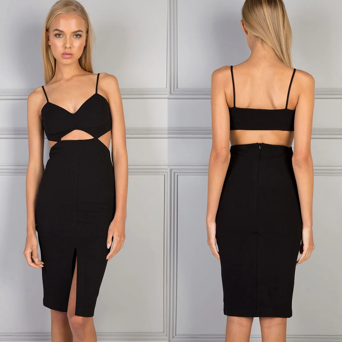 

New fashion straps sleeveless straps tight sexy dress stitching hollow exposed navel