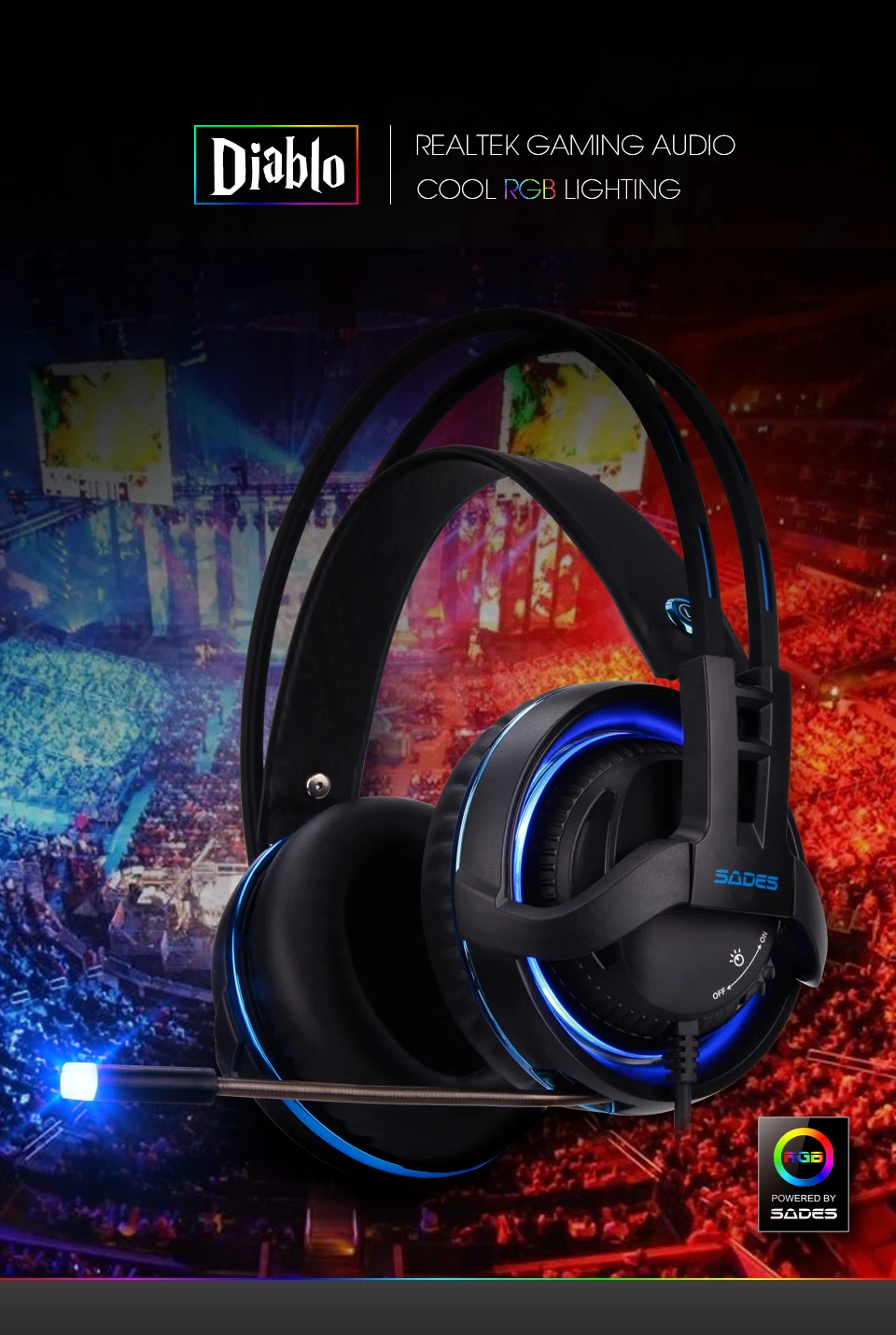 SADES Diablo Realtek Effect Gamer наушники RGB игровая гарнитура наушники с выдвижным микрофоном