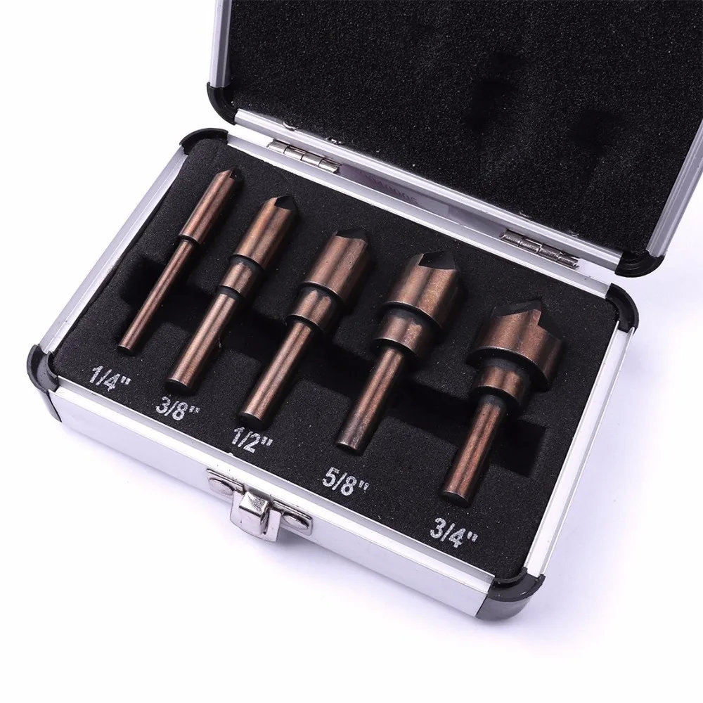 

HSS 4341 Chamfer Chamfering Countersink End Mill Cutter Bit Countersink Set ,5pcs,1/4,3/8,1/2,5/8,3/4 inch (round shank)