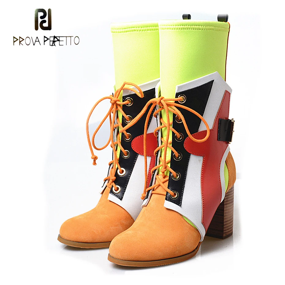 

Prova Perfetto 2018 new colorful genuine leather patchwork women short boots fashion buckle lace up chunky heel stretch boots