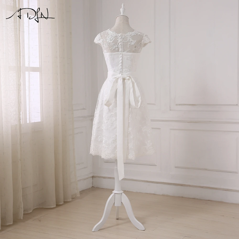 ADLN дешевые короткие свадебные платья а-силуэта кружевное маленькое белое платье Свадебные платья без рукавов с глубоким вырезом и бантом Robe De Mariage