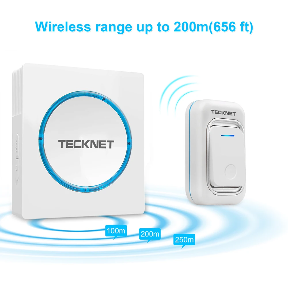 TeckNet AC 110 V-220 V беспроводной дверной звонок IP44 водонепроницаемый светодиодный дверной звонок 1 передатчик 1 приемник 300 м Диапазон 48 колокольчиков дверной Звонок