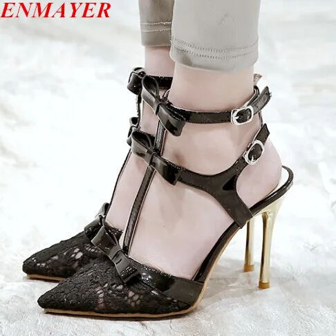 

ENMAYES T- Strap Sexy Lace Thin Heels bow Women Sandals Fashion Sexy High Heels Summer Shoes Wedding pointed Platform Sandals