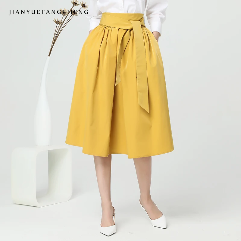 Летняя юбка-пачка Женская линия с высокой талией Женская юбка миди 2018 плюс размер юбка Jupe Belted Solid Female Bottoms