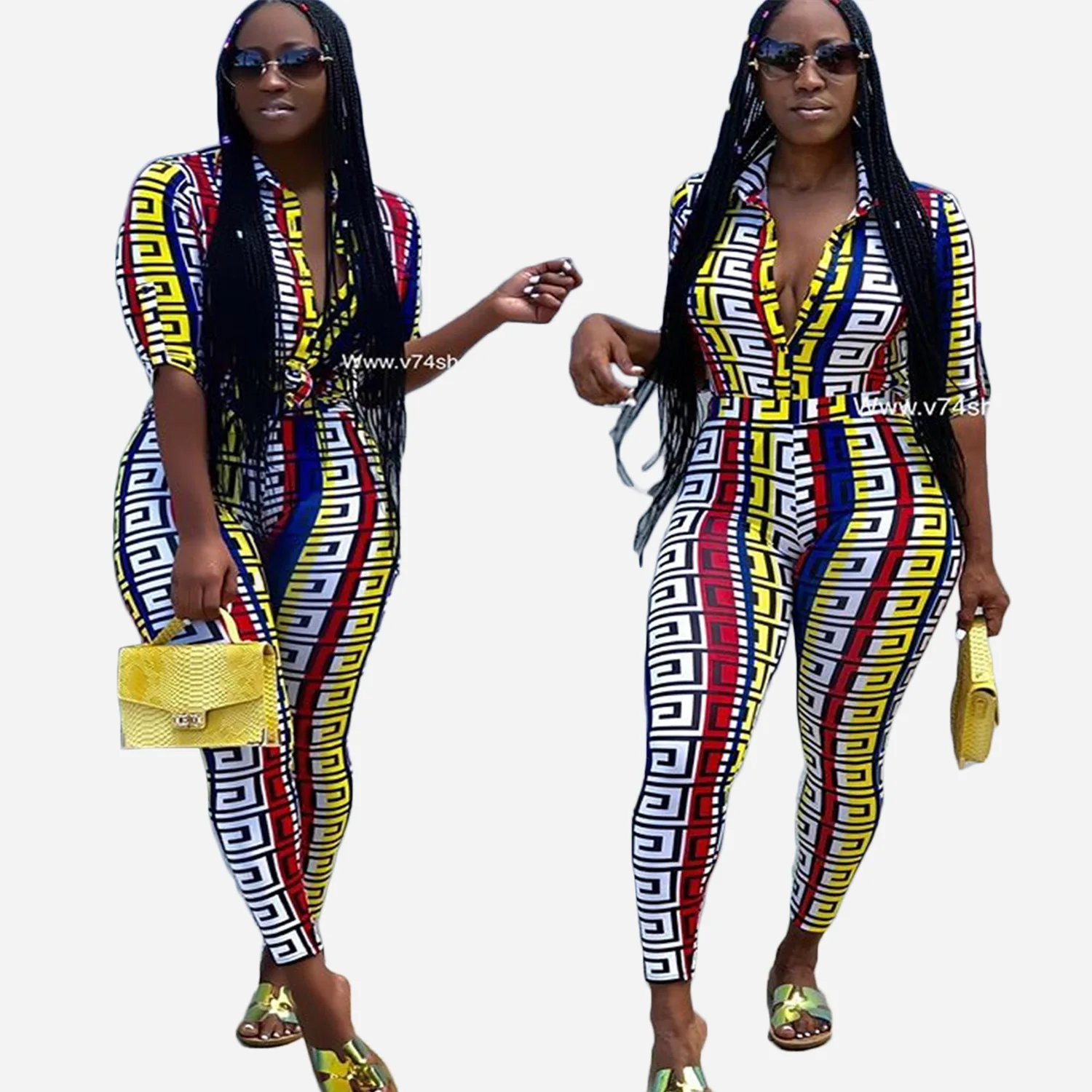 

2019 summer new style, fashionable digital printing, shirt collar, middle sleeve, trousers, including belt, jumpsuit