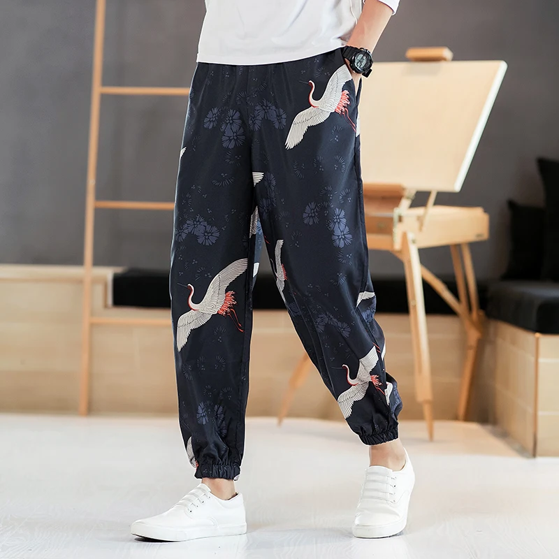 

Plus Size Print Floral Harem Pants Men Cotton Linen Elastic Waist Full Length Pant Mans Casual Joggers Trousers