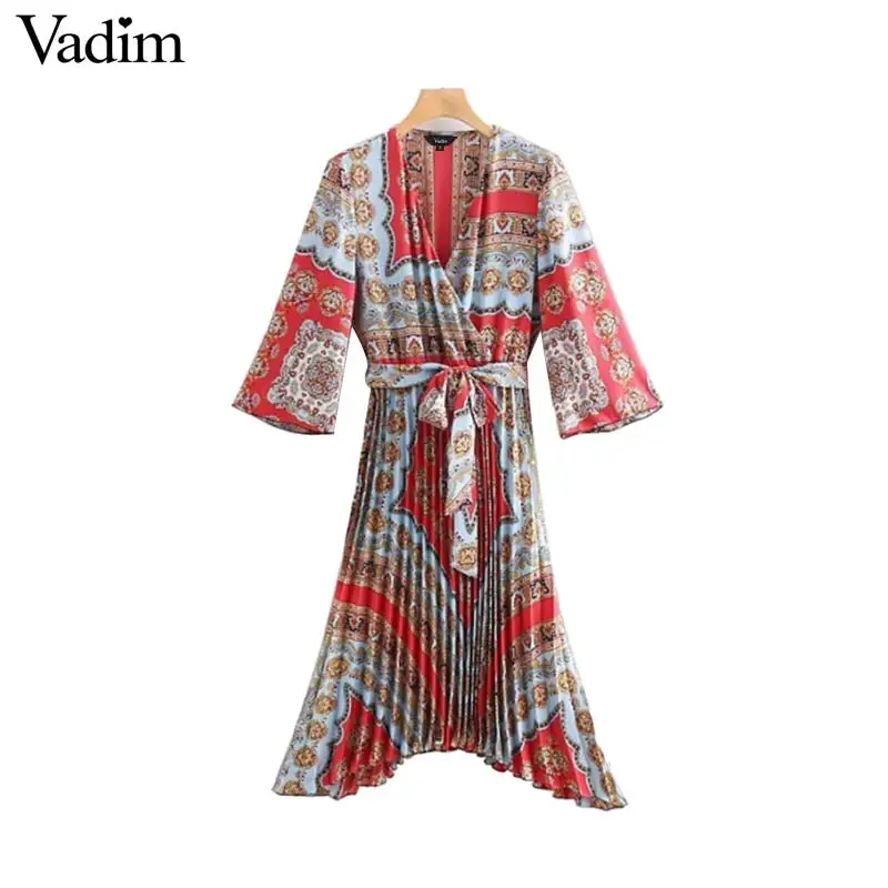

Vadim paisley print midi dress V neck bow tie sashes pleated design elastic waist irregular retro female casual dresses QB183