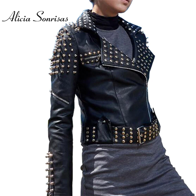

2018 Spring Casaco Feminino Silver Black Leather Jacket Women Punk Spikes Stars Slim Rivets Motorcycle Perfecto Biker Coat