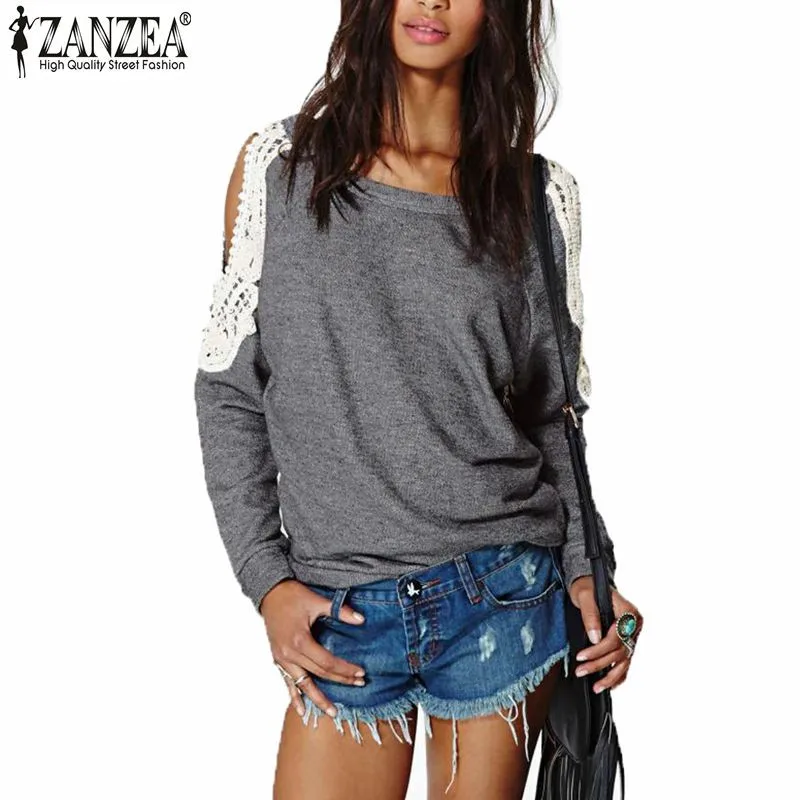 

Zanzea Blusas 2019 Autumn Women Casual Sexy Lace Crochet Splice Off Shoulder Long Sleeve Tops Hoodies Sweatshirt Plus Size