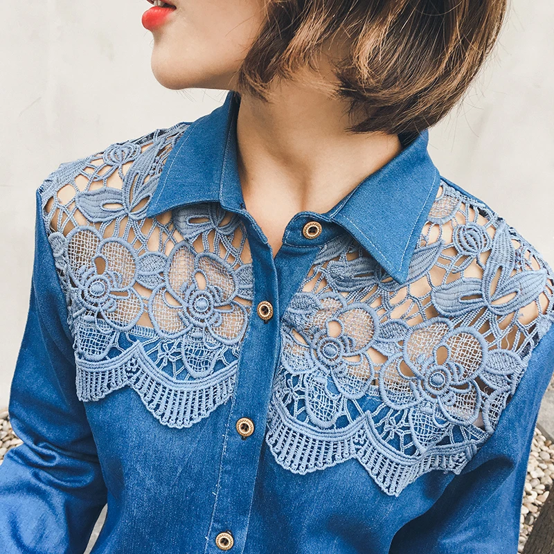 2018 Korean Fashion Autumn Denim Dress Women Hollow Out Crochet Patchwork Lace Dresses Loose Plus Size Dress Mini Vestidos Jeans