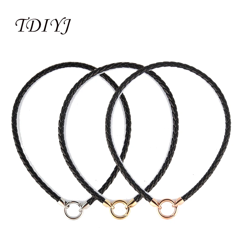 

TDIYJ 16'' Black Braided PU Leather Cord Necklace Stainless Steel Clasp Chokers Necklace for My Coin Holder Pendants 3Pcs/lot