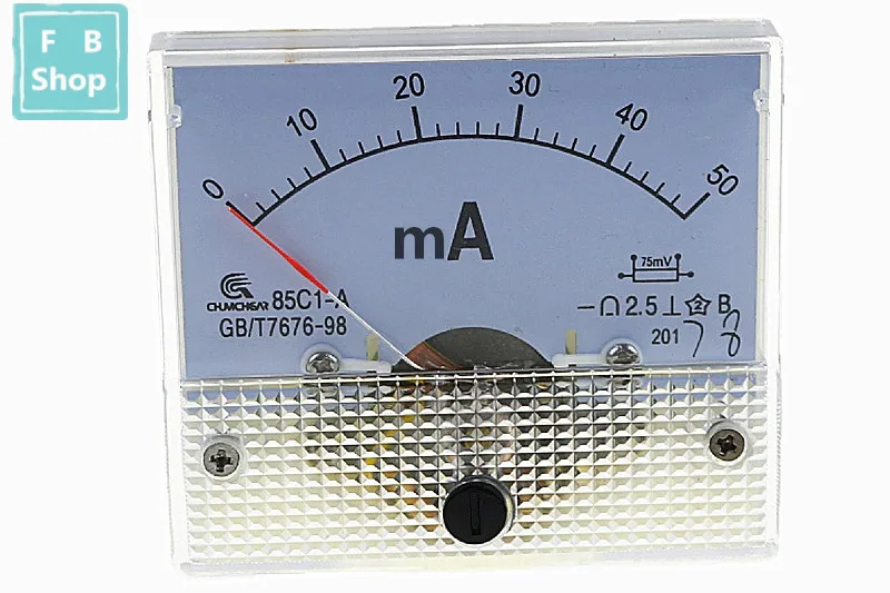 1 шт. 85C1-mA 30mA 50mA 100mA 200mA 300mA 500mA DC стрелочный Амперметр 85C1 серии аналоговая AMP метр 64*56 мм Размер - Цвет: 50mA