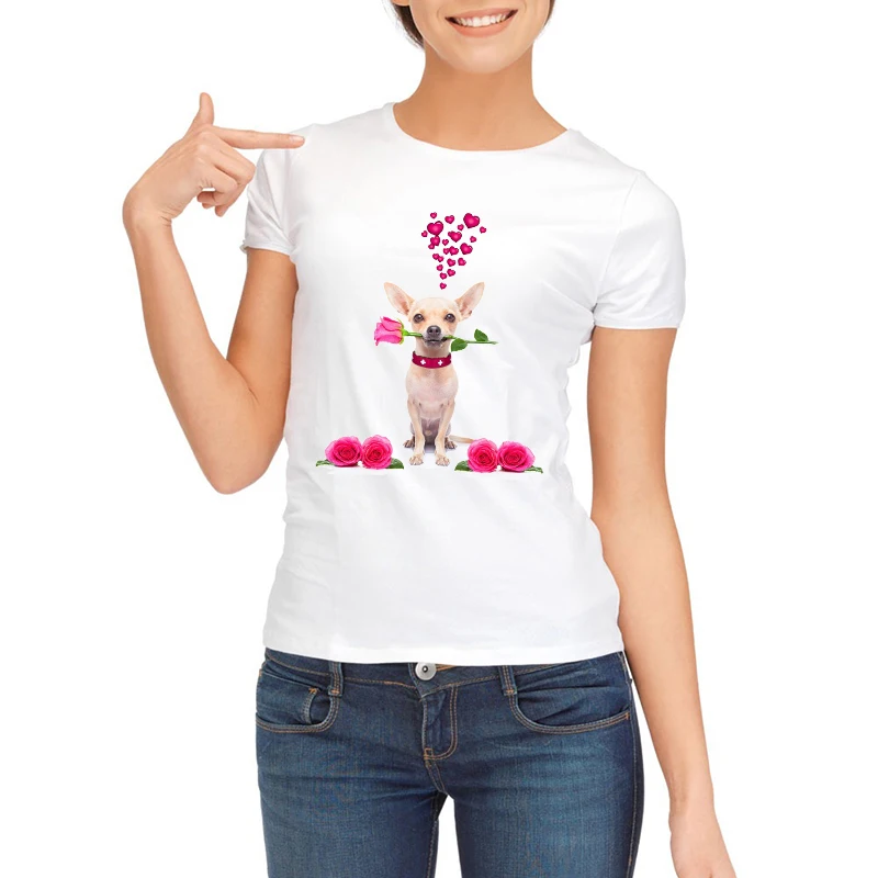 

2019 Romantic Rose Dog Print T Shirt Pugs Gift Chihuahua/French Bull with rose Valentine Tshirt white Short Sleeve Women T Shirt