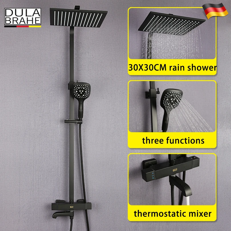 Bathroom Rain Shower Faucet Set Hot And Cold Thermostatic Mixer Tap Bath Shower Head Black Wall Mounted Shower System Bathroom Rain Shower Faucet Set Hot And Cold Thermostatic Mixer Tap Bath Shower Head Black Wall Mounted Shower System