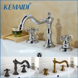 KEMAIDI Antique Brass Bathroom Basin Faucet Double Handles Deck Mounted Mixer Tap 3 pcs Bathtub Faucets Hot Cold Water