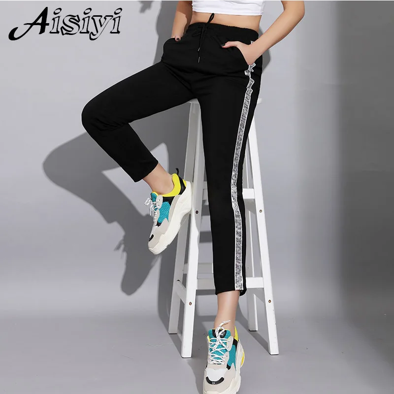

Sequin Pants Women Sweatpants Black Casual Harem Striped Pants For Women High Waist Femme Pantalones Mujer Trousers Female 2019