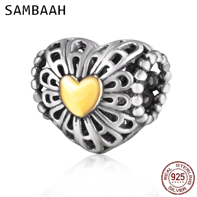 

Sambaah 925 Antique Sterling Silver Love Heart Charm Beads fit Original Pandora Women Valentine's Day Bracelet SS2864