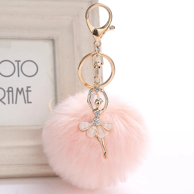 Rhinestone Shoe Shape Faux Fur Pompom Key Chain and Bag Charm Blue