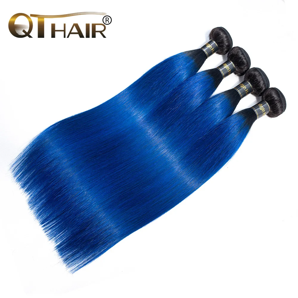 

QT Ombre Human Hair 3 Bundles Lot Pre-Colored Straight Two Tone T1B/Blue Ombre Brazilian Straight Human Hair Weave Bundles