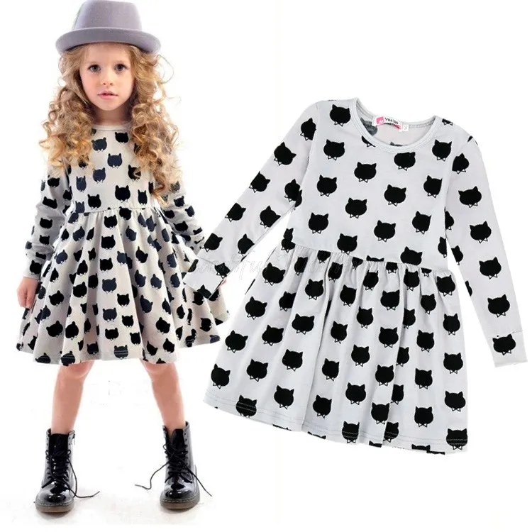 2015 Summer New Fashion Kids Girls Dresses Long Sleeve O neck Animal