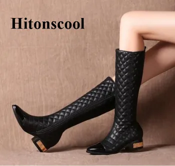 

2019 Top Quality Genuine Leather Low square heel Shoes women Lady knee high boots Winter Autumn long Boots botas Mujer