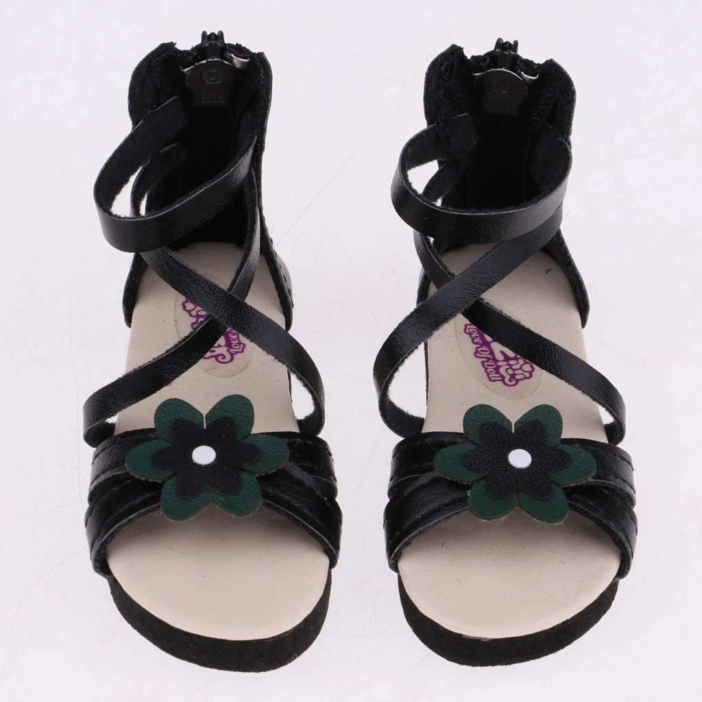 Fashion Girl Dolls PU Shoes Flower Sandals Flats For Dollfie 1/3 BJD Doll Summer Costume Accessories Black