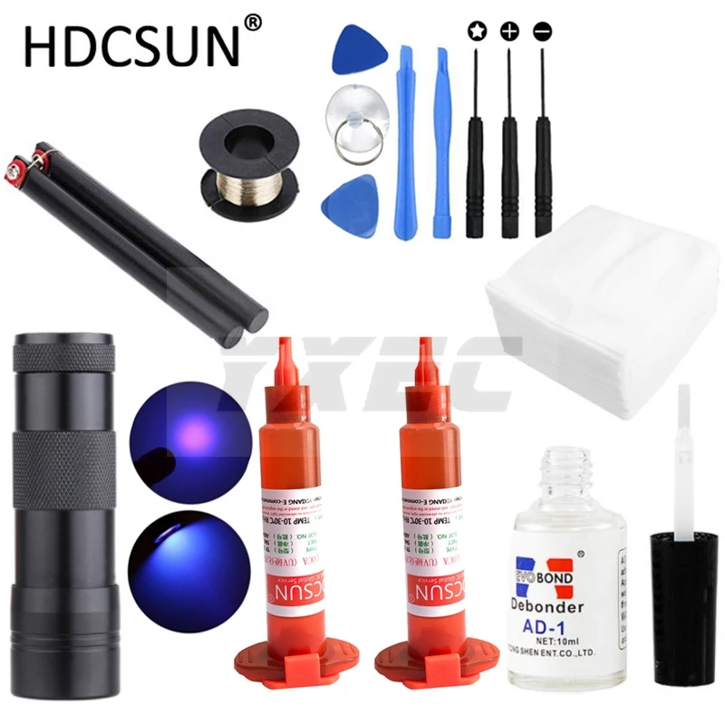 

15 in1 LOCA tp-2500 UV Glue 5ml +9led UV curing light+Uv Glue Remover 20g +Cutting Wire 100m+clothes For LCD Touch Screen Repair