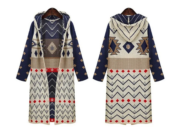 

2019 Autumn Winter Clothes Sweater Coat European and American Female Loose Long Hooded Boho Cardigan Sweater