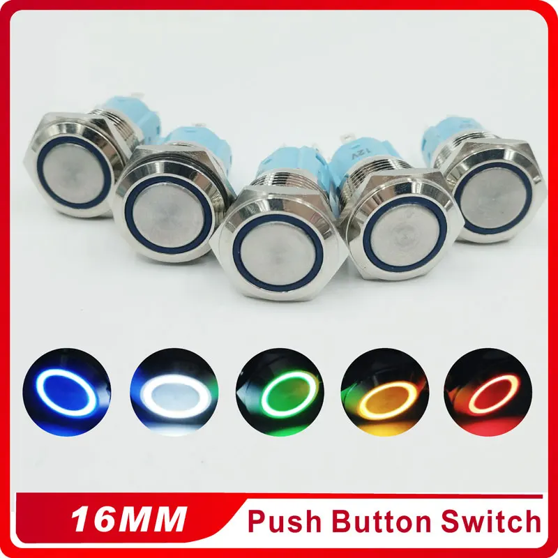 

16mm Metal Momentary Push Button Switch LED 3V 5V 12V 24V 220V StainlessLess Steel Car Auto Engine PC Power Start