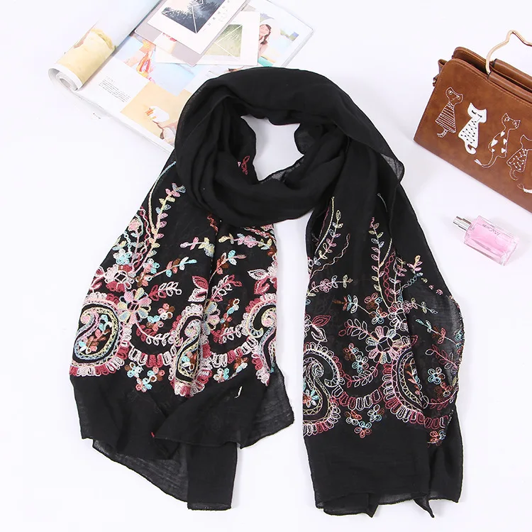 Women Floral Embroidery Scarf Quality TR Cotton Scarf Shawls Wraps Hijabs 5Colors 10pcs/Lot