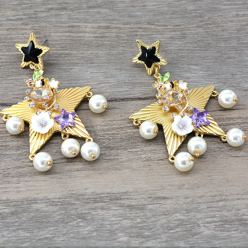 Five-pointed star love heart temperament pearl earrings for women