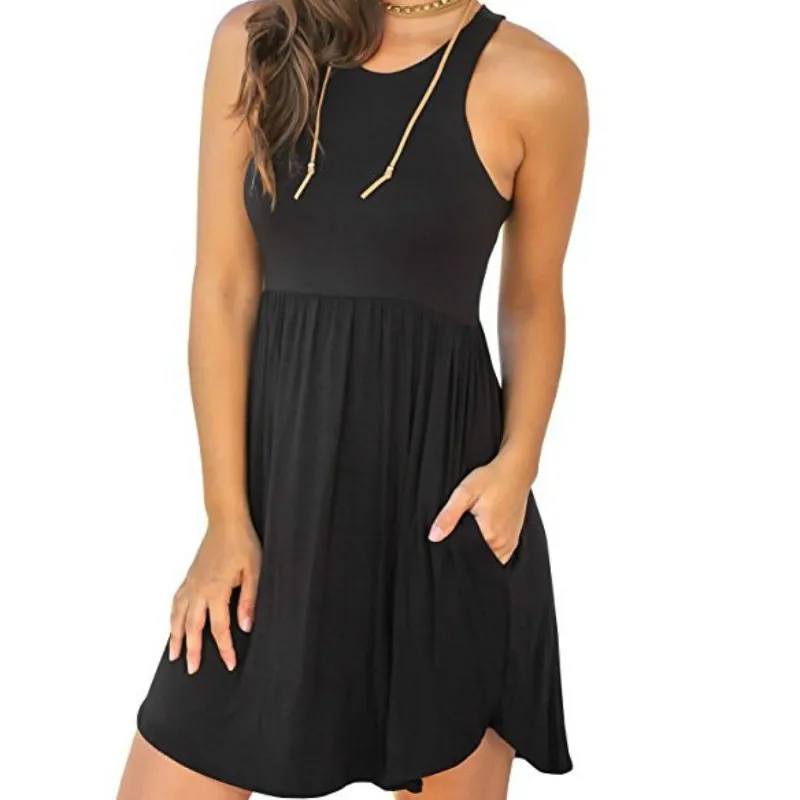 

New Summer Tank Sleeveless Women Dress Sexy Casual Sundress Solid O-neck Pockets A-line Mini Dresses Plus Size XXL GV178