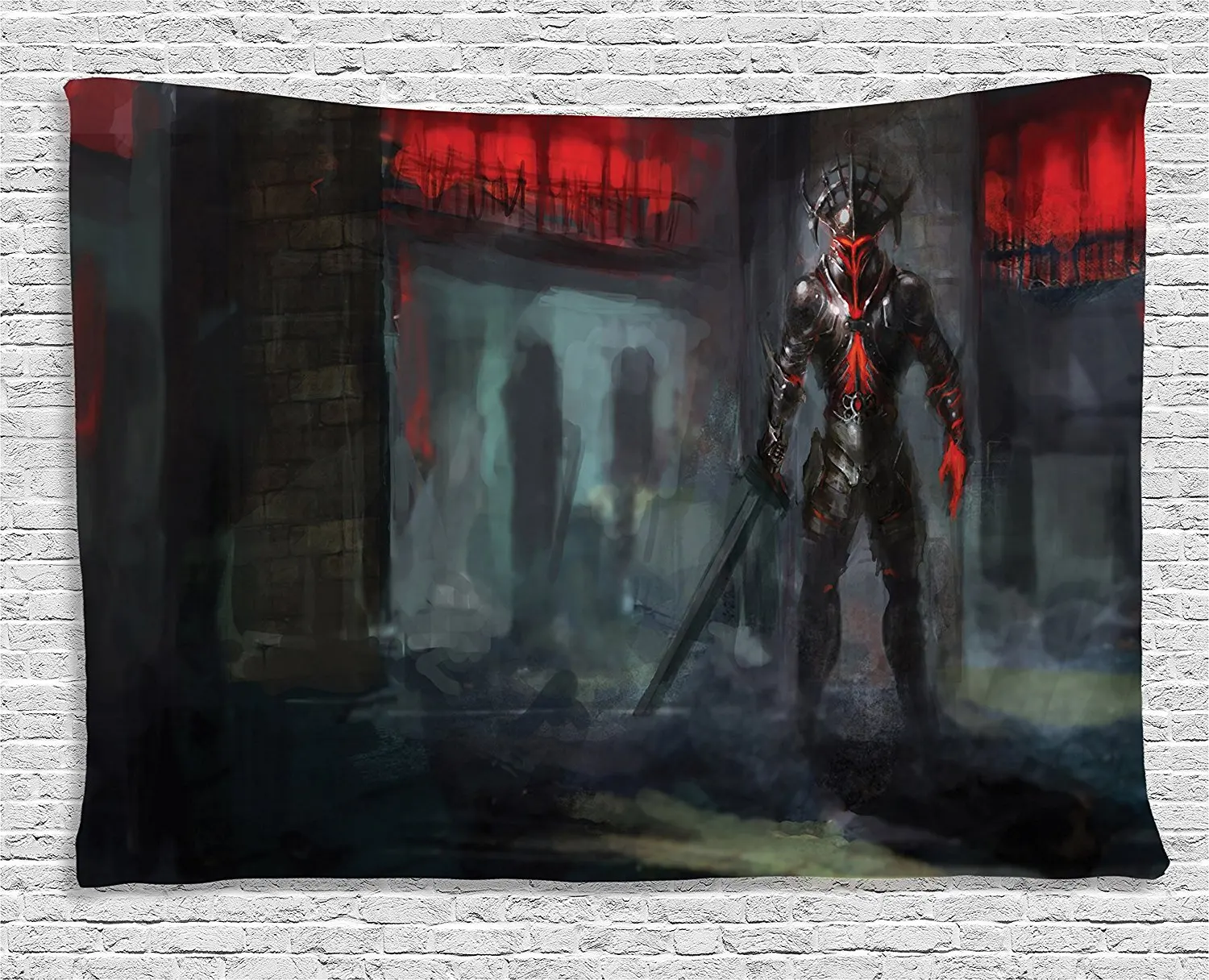 

Fantasy World Decor Tapestry Fictional Reverent Character in Fire Temple Dark Gothic Demonic Devil Inferno Wall Hanging Dorm