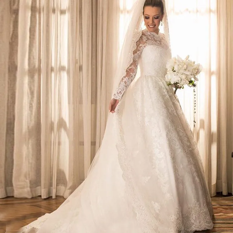 Luxurious High Neck Lace Wedding Dresses with Long Sleeves Button Back Sweep Train Bridal Gowns Quality | Свадьбы и торжества