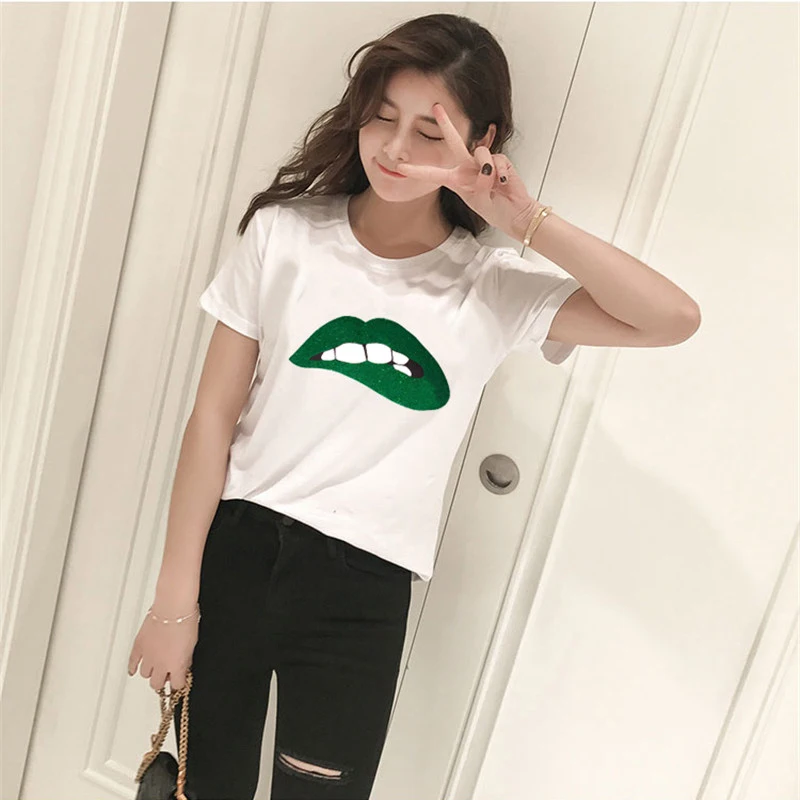 

2019 Summer Blouses Female Casual Red Lips Printing Korean style Women shirts Short Sleeve Loose Plus Size Women Clothing
