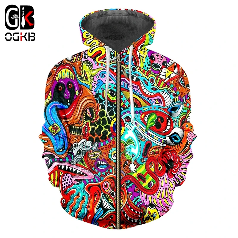 OGKB Zipper Hoodies Men's New Loose 3D Jacket Print Red Ghost Hiphop Big Size Habiliment Unisex Zip Up Sweatshirts | Мужская одежда