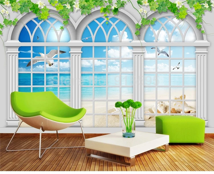 Пользовательские 3D фото обои окно морской пейзаж Большая фреска гостиная диван ТВ фон водонепроницаемый самоклеющиеся наклейки на стену