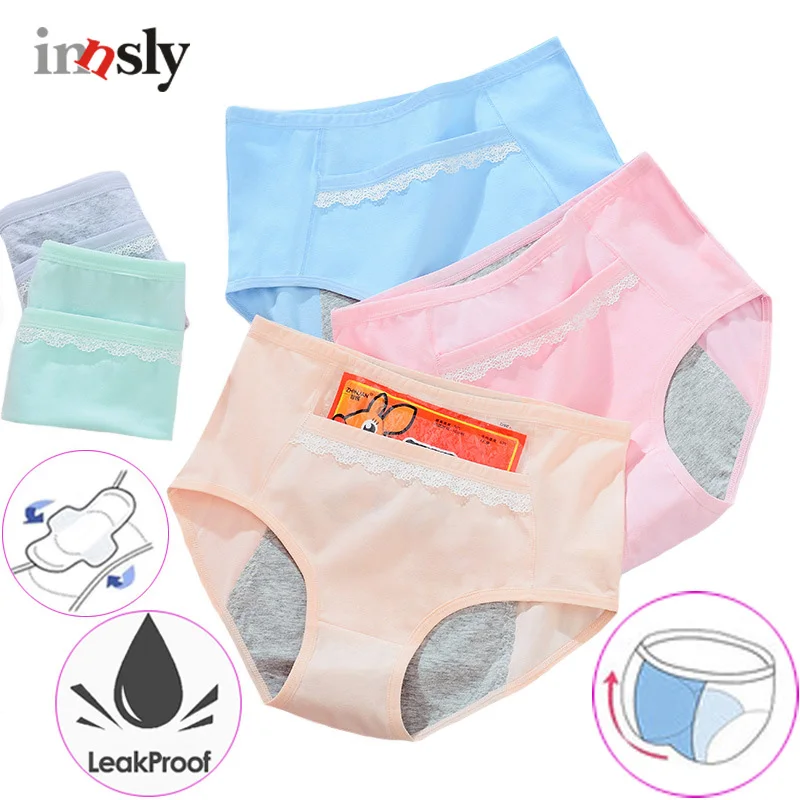 

3 Pieces/Pack Menstrual Period Panties Women Menstrual Underwear Lace Pocket Candy Colors Physiological Leakproof Female Briefs
