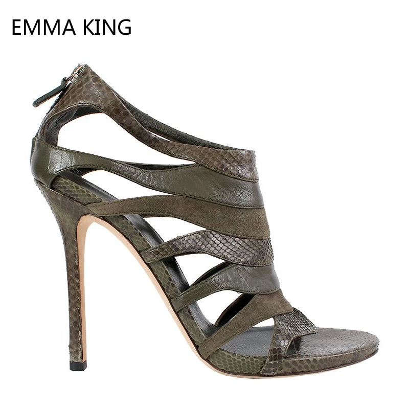 

Summer Women Heels Khaki Snake Print Peep Toe Female Sandals Cut Out Leather Zip Stiletto Heeled Shoes Woman Party Office Pumps