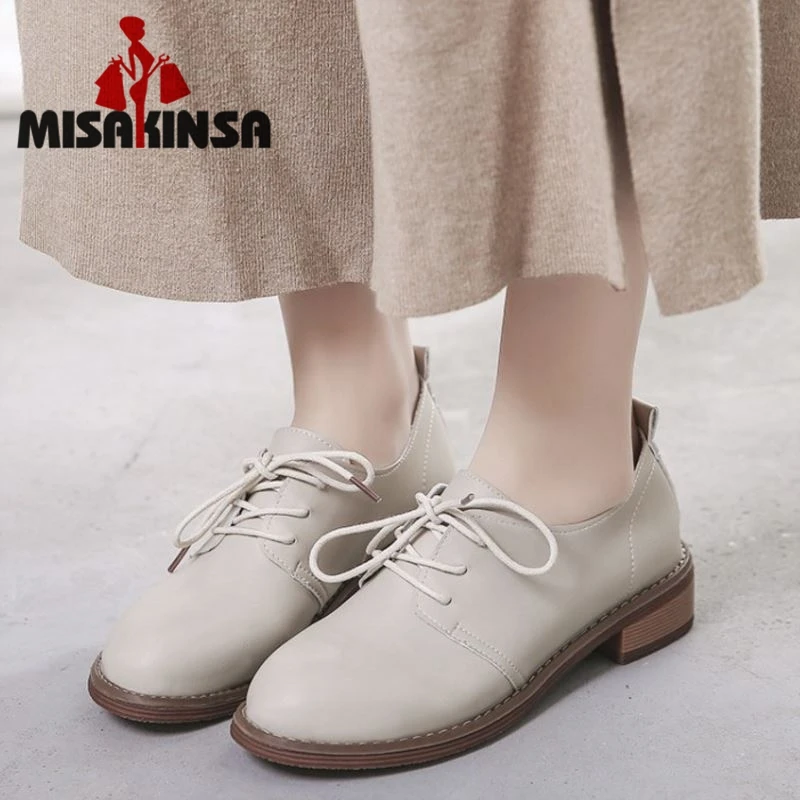 

MISAKINSA 2019 New Dropshipping Women Flats Shoes Round Toe Lace Up Leisure Shoes Spring Office Lady Shoes Women Size 35-40