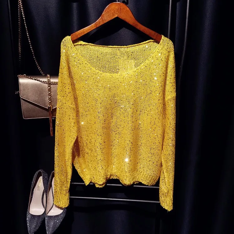 

Cakucool Sequined Knit Tops Women Long Sleeve Jumpers Beading Big O-neck Casual Loose Embellish Girls Sweaters Beige 14colors