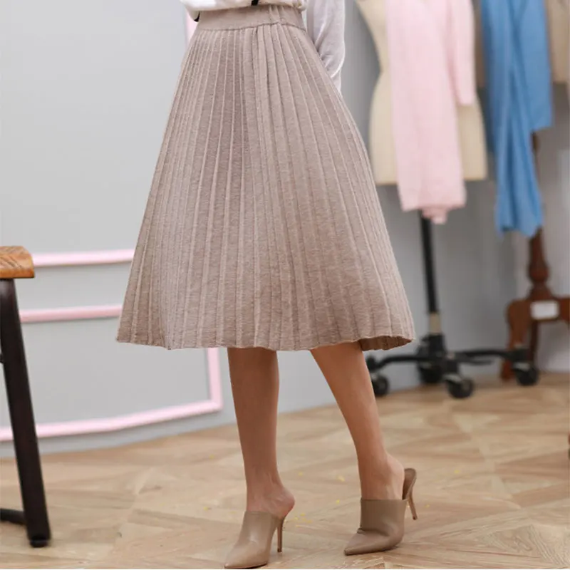

Korean 100% Pure Cashmere Pleated Skirt Long High Waist Elastic Autumn Winter Women Knitted Knee-length Loose Ladies Knit Skirt