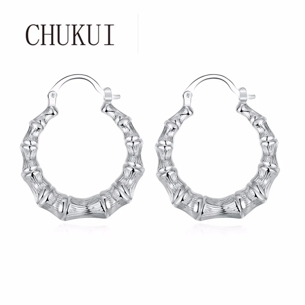 CHUKUI Custom Silver Bamboo Hoop Earrings Large Bamboo Hoops Earrings