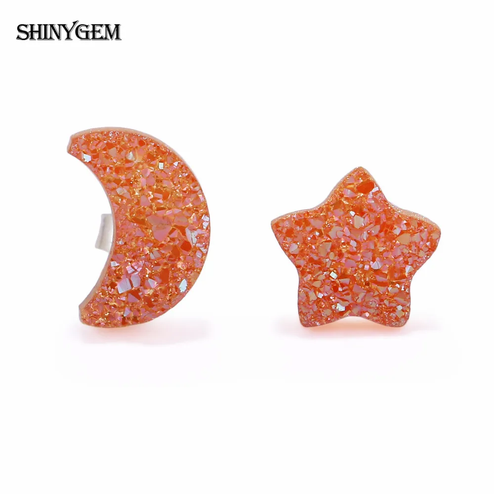 ShinyGem милые серьги с Луной и звездой из натурального камня милые 925 пробы серебряные серьги-гвоздики радужные друзы вечерние серьги для женщин - Окраска металла: Champagne