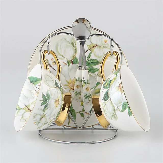 2sets with 1holder Европейский кофейный сервиз из костяного фарфора камелии, британский фарфоровый чайный сервиз, керамический чайник, сливочник, сахарница, чайная чашка nespresso - Цвет: 2sets with 1holder