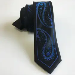 Популярные Модные мужские Тонкий галстук высшего уровня Панель галстук черный с синим Пейсли полосы Gravata для вечерние
