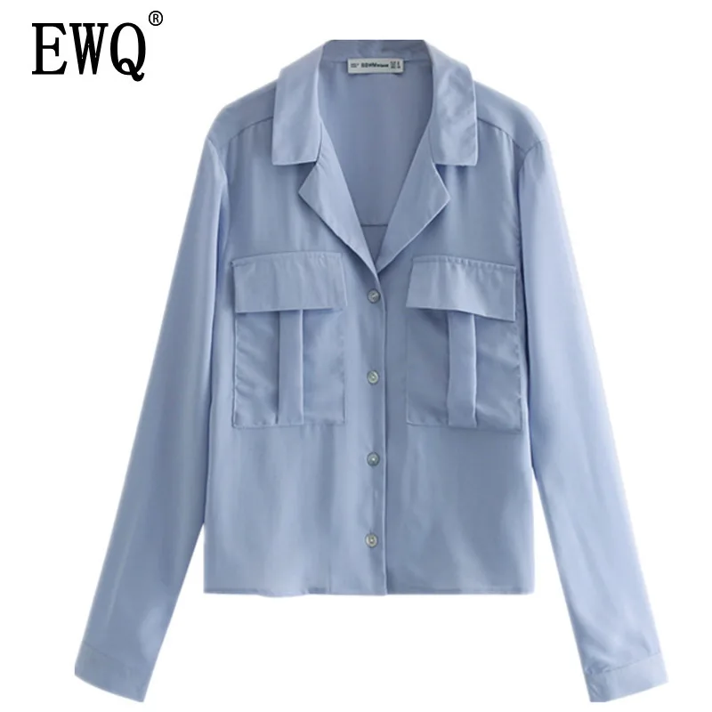 

[EWQ] 2019 summer new Korean style Turn-down Coll long sleeve Patchwork Pockets loose shirt Ladies clothing women blouse QG99105