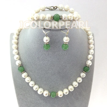 

WEICOLOR 9-10mm White Real Natural Pearl And Green Bead Jewelry Set. Necklace 45cm,Bracelet 19cm.Contact For Different Length