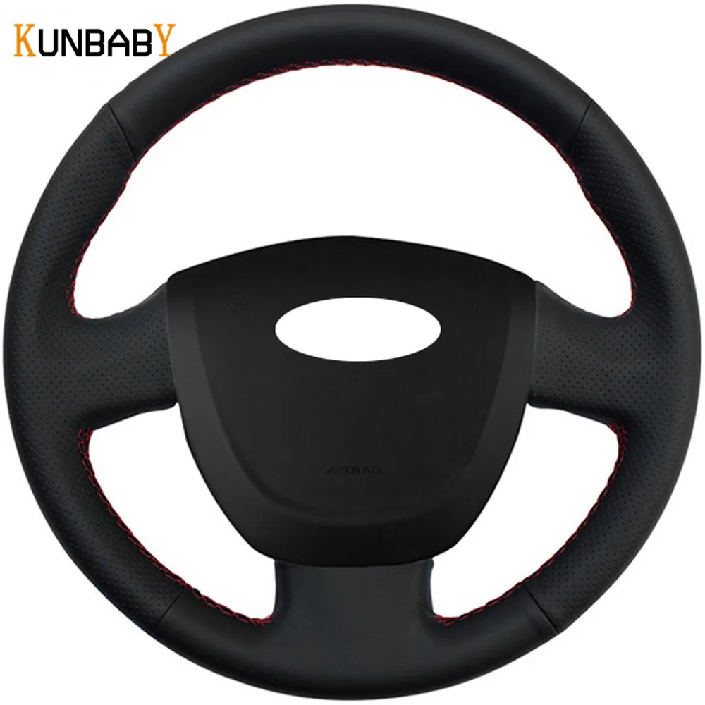 

KUNBABY Color Black Red Genuine Leather Car Steering Wheel Cover for Lada Granta 2011-2016
