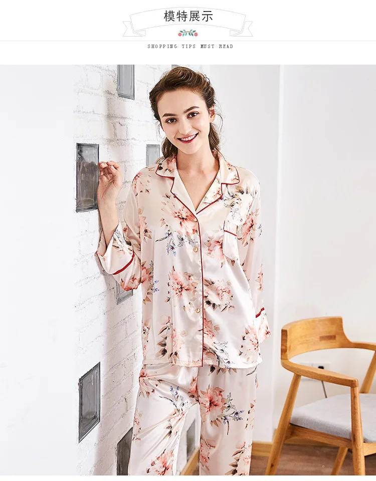 Fdfklak Европейские новые шелковые пижамы Для женщин с длинным рукавом Pijama набор элегантный печати Пижамные комплекты Демисезонный Домашняя